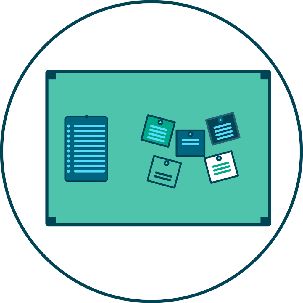 Illustration of a green noticeboard with notes and lists pinned to it