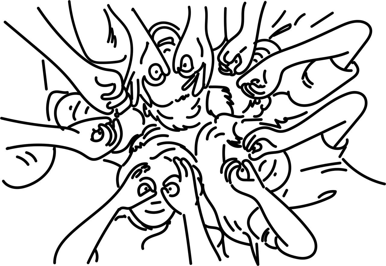 Five faces arranged in a circle as if peering down on the viewer.  The people are using their fingers to frame their eyes as if they are questioning