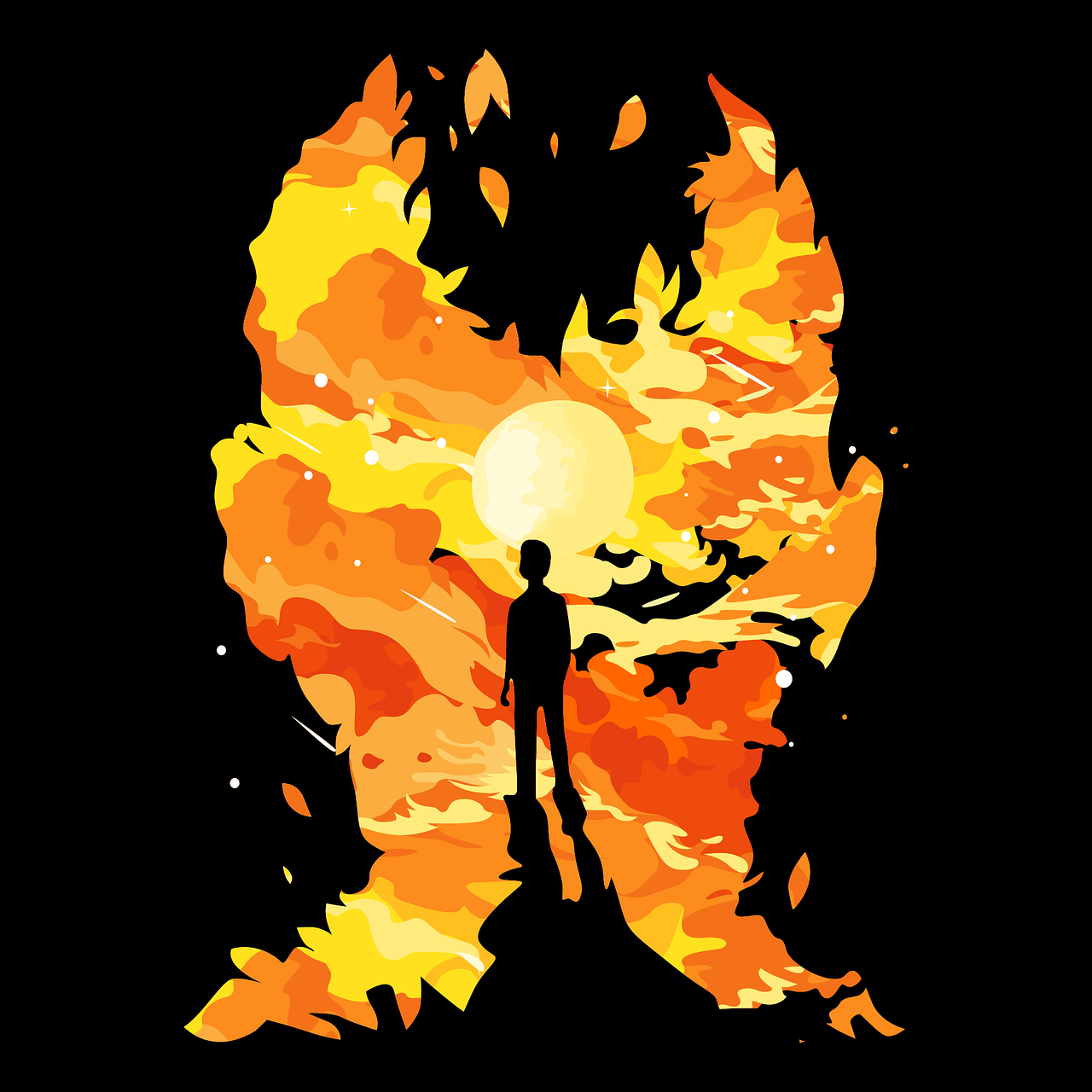 Silhouette of a human against a red, orange and yellow background symbolising fire and heat